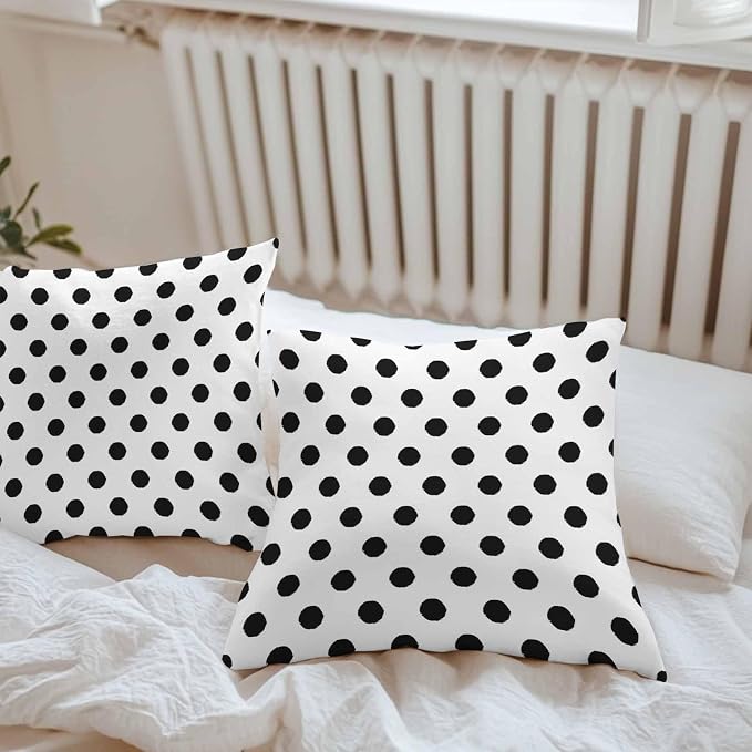 Outdoor Waterproof Throw Pillow Covers Set of 2 Black White Polka Dots Pillowcases 24x24 Inches Cute Solid Color Decorative Pillows Cushion Case Patio Pillows for Couch Bed Chair Garden
