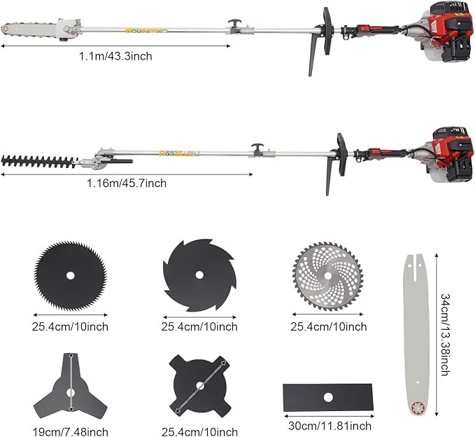 52CC 10-in-1 Gasoline Lawn Mower, 2-Stroke Brush Cutter, Straight-Handle Weed Trimmer, Multi-Functional Lawn Trimmer, Shrub Trimmer, Lawn Mower, Suitable for Lawn, Garden, and Tree Trimming