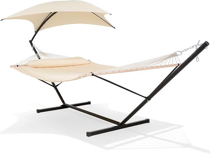 SUNCREAT Portable Outdoor Hammock with Stand, Sun-Protective Canopy, Double Hammock with Stand for Outside, Patent Pending, Beige