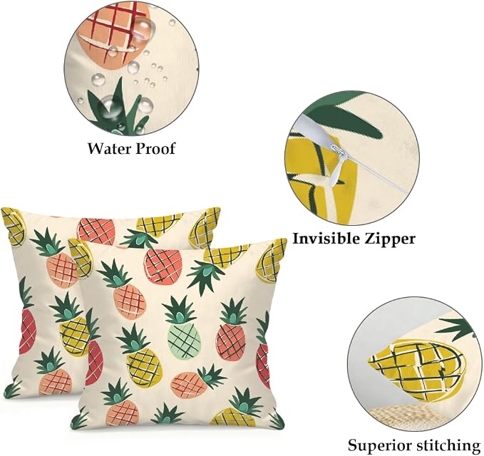 18x18 Inch Outdoor Pillow Covers Set of 2 Waterproof Throw Pillow Covers Decorative Couch Cushion Covers Pineapple Cute Square Pillowcases Protectors for Patio Garden Sofa