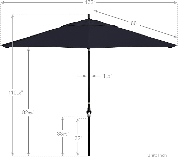 California Umbrella 11Ft Premium Sunbrella Patio Umbrella, Hand-Crank, Tilt-Collar, Black Frame, Navy Fabric