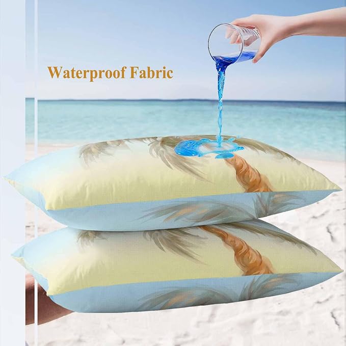 Yukro Summer Palm Tree Outdoor Waterproof Pillow Covers Pack of 2, Coastal Tropical Plant Watercolor Texture Throw Pillowcases Decorative Cushion Covers for Garden Patio Tent Sofa Couch, 20x12 inch
