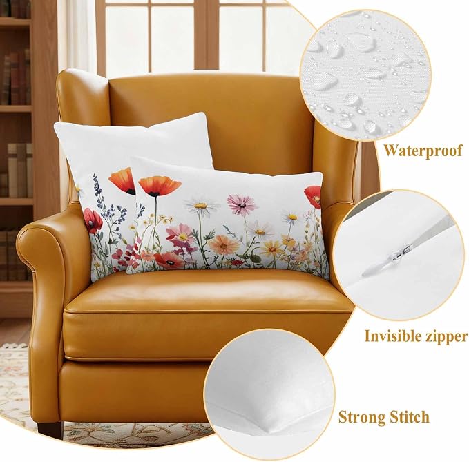 Pastoral Flowers Outdoor Waterproof Throw Pillow Covers Set of 2, 20"x20", Colorful Daisy Floral Leaves Watercolor Decorative Pillow Covers Outside Cushion Case for Patio Porch Garden