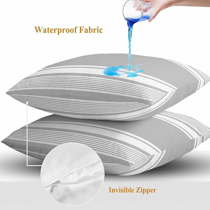 Vandarllin Outdoor Throw Pillows Covers 18x18 inch Set of 2 Waterproof Grey Stripes Decorative Zippered Cushion Covers for Patio Furniture, Striped Lines Lumbar Pillowcases