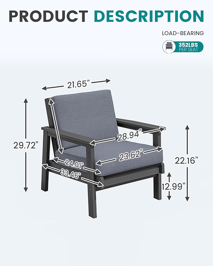 SERWALL HDPE Outdoor Furniture Set, 2 Piece All Weather Wood-Like Outdoor Sofa Sectional Couch, Grey Frame and Grey Cushion