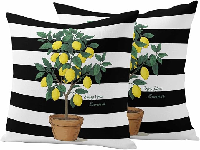 Outdoor Waterproof Throw Pillow Covers, Summer Lemon Decorative Pillow Cases, Black White Striped Potted Plant Couch Pillow Protector Patio Sofa Cushion Covers Replacement 18"x18" 2 Pack