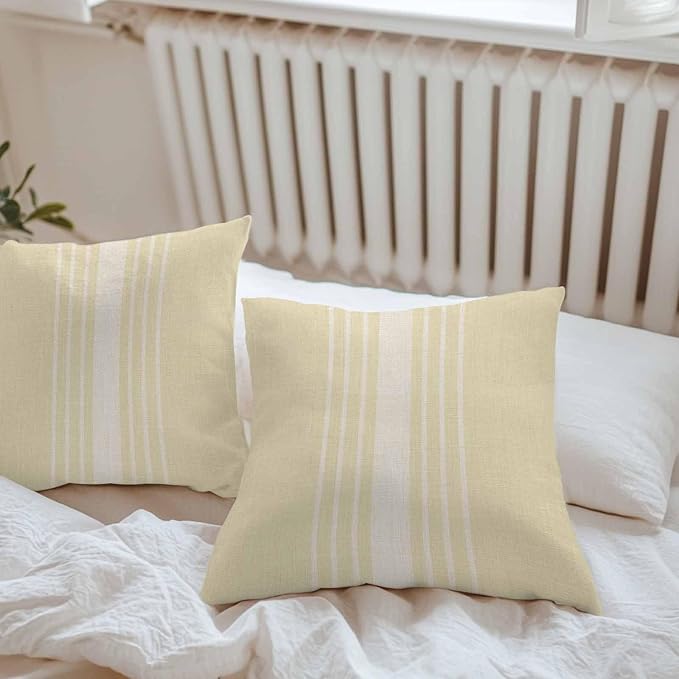 Vandarllin Outdoor Throw Pillows Covers 24x24 inch Set of 2 Waterproof Cream Vertical Stripes Decorative Zippered Cushion Covers for Patio Furniture, Classic Striped Linen Lumbar Pillowcases
