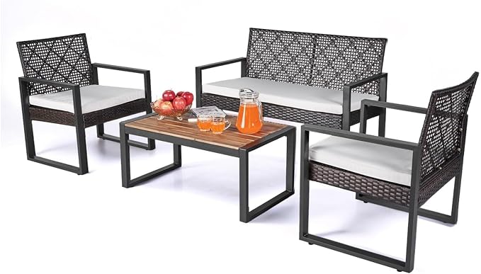 BEEFURNI Wicker Patio Furniture Outdoor Conversation Set of 4, Rattan Outdoor Furniture Set, Acacia Wood Table, 2 Chairs, 1 Loveseat, 2” Cushions, All Weather Set for Patio, Porch, Balcony (Black)