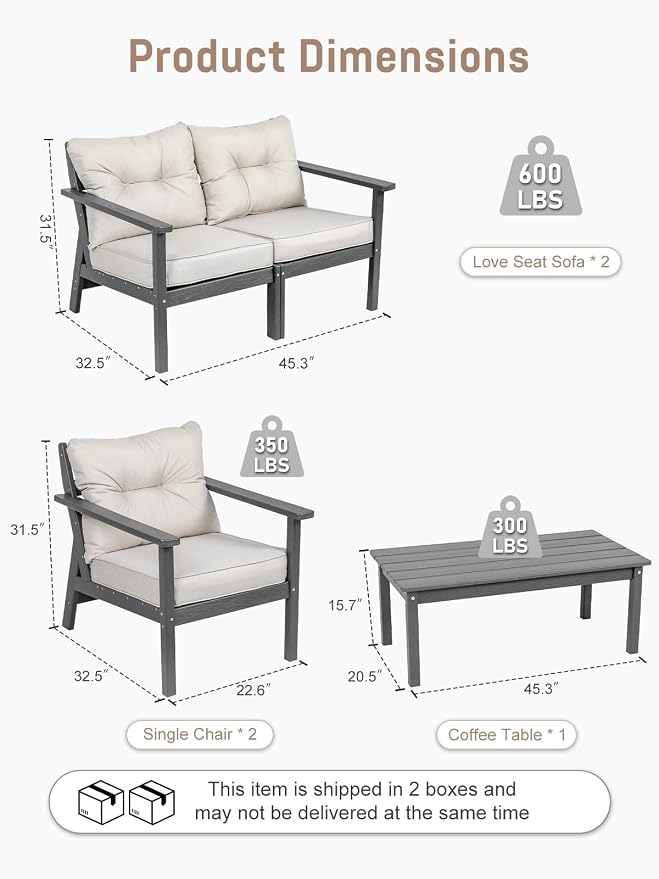 HDPE Patio Conversation Set 4 Seats, Outdoor Furniture Set, Patio Sofa Set | Water-Resistant Thick Cushion, HDPE All Weather, Wood-Grain, No Rot or Rust or Crack, UV Fade Shield, Easy-Clean for Outside