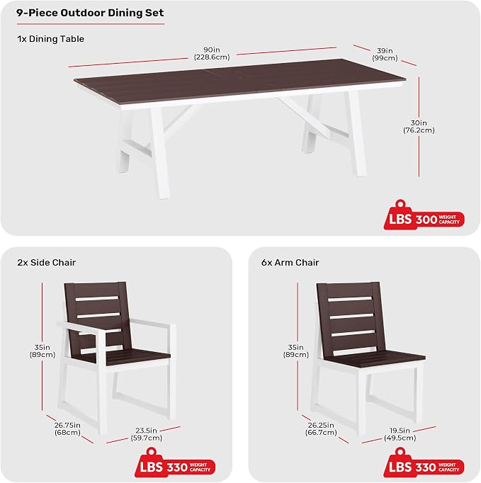 Costaelm Stinson 9-Piece Outdoor HDPE Patio Dining Table Set with Umbrella Hole & Dining Chairs for 8, Dark Brown