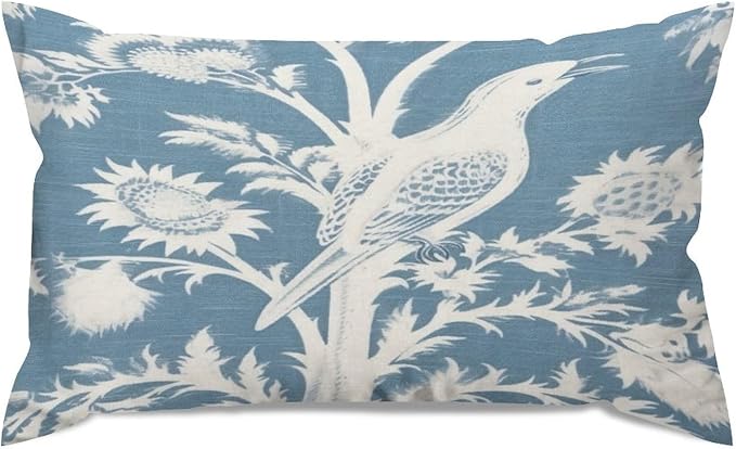 Set of 2 Blue Turquoise and White Birds Plant Pillow Covers 12x20in Farmhouse Canvas Cushion Covers Outdoor for Couch Chair Home Decor for Family Friends