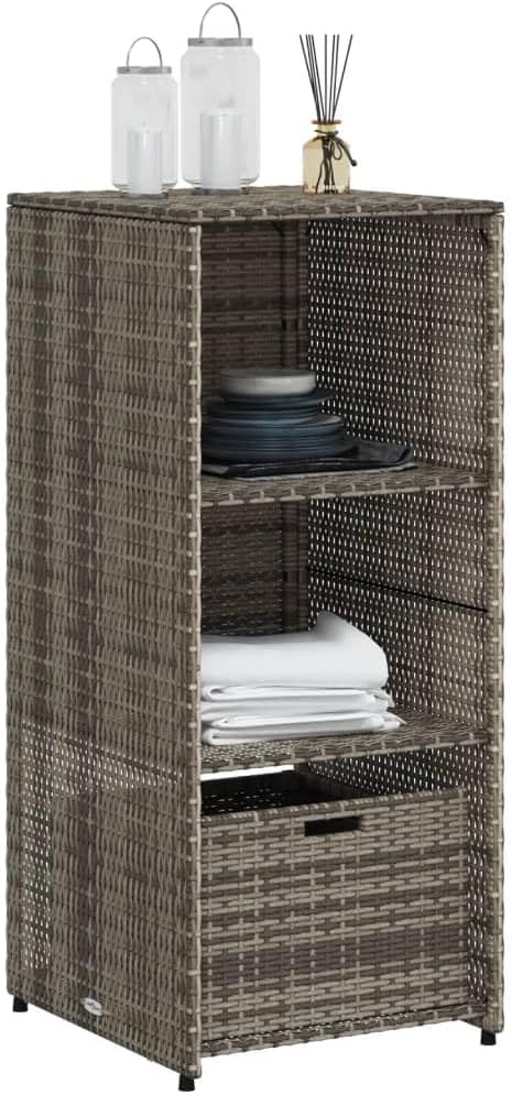 Gray Outdoor Storage Cabinet with 2 Shelves and 1 Drawer, PE Rattan Patio Storage Cabinet with Powder-Coated Steel Frame for Garden Tools and Cushions