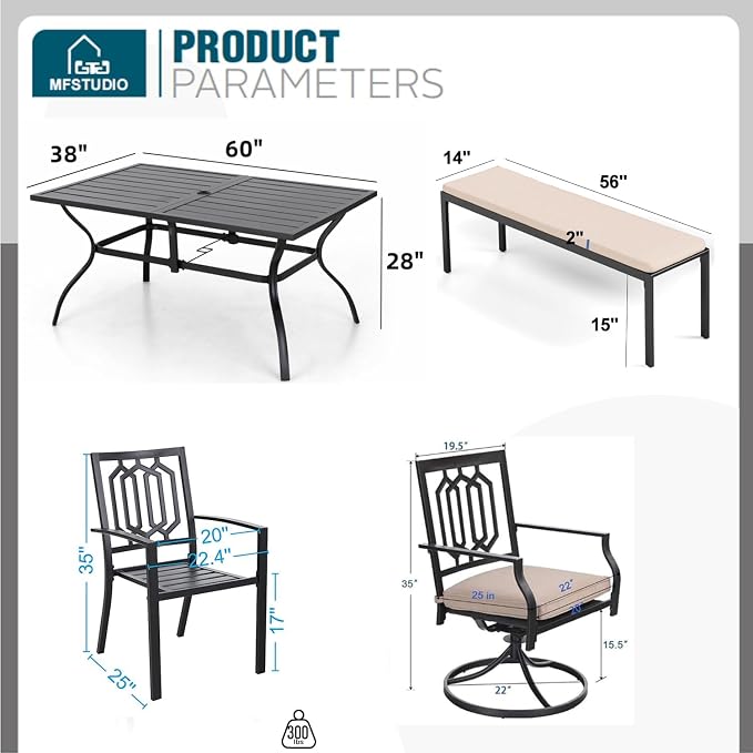 MFSTUDIO Patio Dining Set for 6, Outdoor Dining Set with 1 Bench, 2 Swivel Chairs, 2 Leg Chairs and 1 Rectangle Table