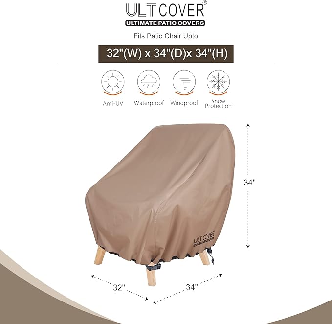 ULTCOVER Waterproof Patio Chair Cover – Outdoor Lounge Deep Seat Single Lawn Chair Cover Fits Up to 32W x 34D x 34H inches Brown