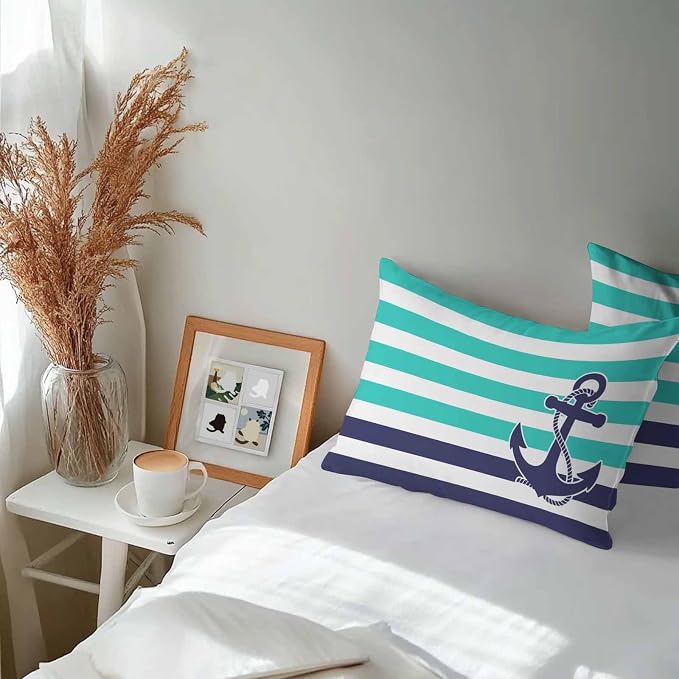 Lumbar Pillow Covers 20x12 Inch Set of 2, Anchor Turquoise Waterproof Outdoor Cushion Covers, Modern Navy Blue White Striped Nautical Decorative Pillowcases for Couch, Sofa, Bed, Garden, Patio