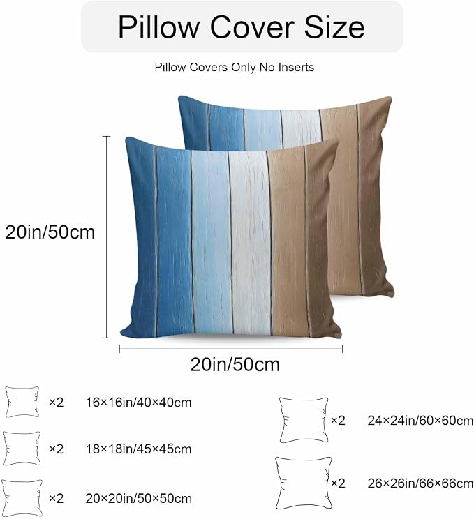 Throw Pillow Covers 16x16 Inch Set of 2, Blue Brown Waterproof Outdoor Cushion Covers, Gradient Wood Grain Farmhouse Country Decorative Pillowcases for Couch, Sofa, Bed, Garden, Patio
