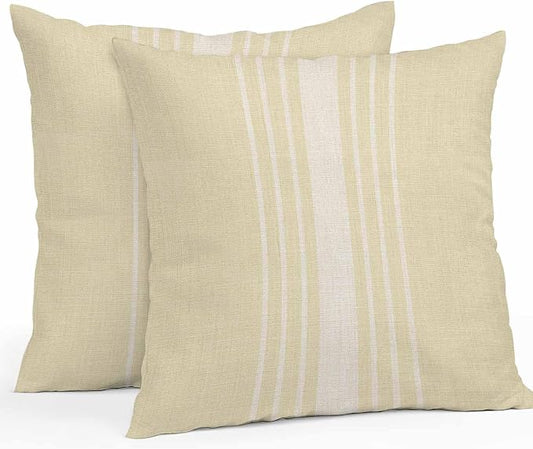 Vandarllin Outdoor Throw Pillows Covers 16x16 inch Set of 2 Waterproof Cream Vertical Stripes Decorative Zippered Cushion Covers for Patio Furniture, Classic Striped Linen Lumbar Pillowcases