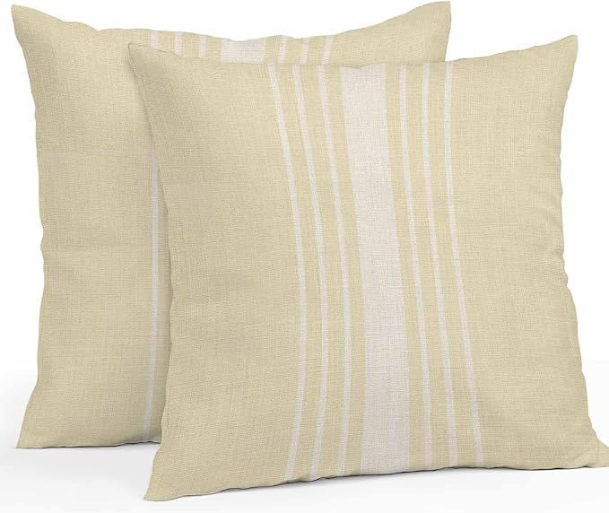 Vandarllin Outdoor Throw Pillows Covers 24x24 inch Set of 2 Waterproof Cream Vertical Stripes Decorative Zippered Cushion Covers for Patio Furniture, Classic Striped Linen Lumbar Pillowcases