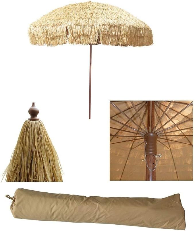 Artist Unknown 8' Wide Hawaiian Tiki Beach Umbrella with Fiberglass Rib & Aluminum Pole, Natural, Adult