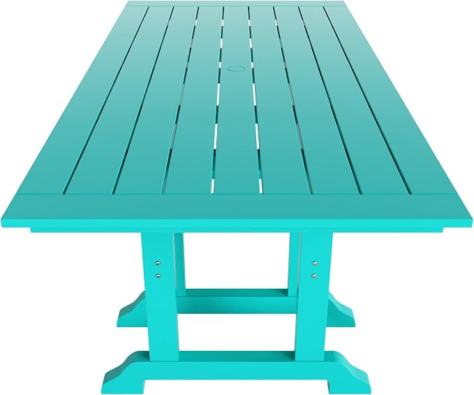 WestinTrends Dylan Adirondack Outdoor Dining Set for 6, All Weather Poly Lumber Patio Table and Chairs Set of 6, 71" Trestle Outdoor Table and Seashell Adirondack Dining Chair, Turquoise