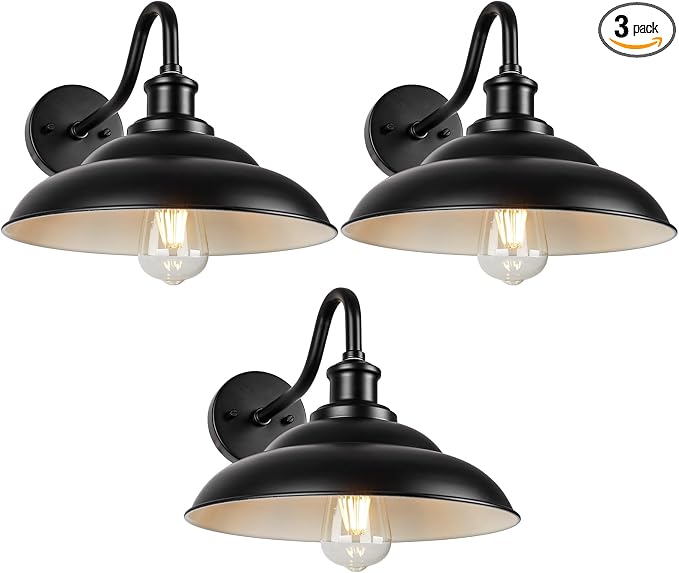 Outdoor Barn Light, 12'' Farmhouse Exterior Wall Mount Light, Outdoor Indoor Wall Sconce, Exterior Porch Lighting Fixture, Industrial Outside Black Lantern for Entryway Garage, 3 Pack
