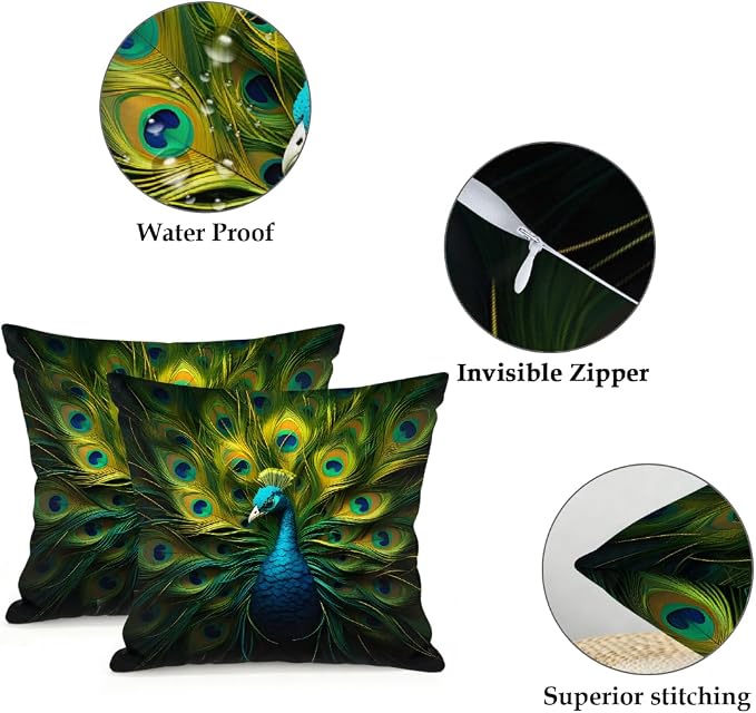 16x16 Inch Outdoor Pillow Covers Set of 2 Waterproof Throw Pillow Covers Decorative Couch Cushion Covers Green Peacock,Animal Square Pillowcases Protectors for Patio Garden Sofa