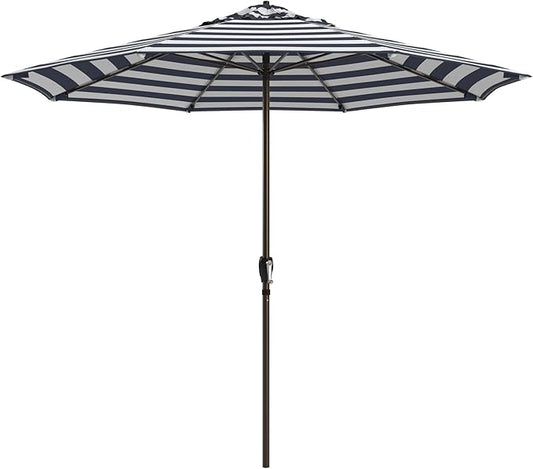 California Umbrella 8-Year Protection 9 Ft Outdoor Patio Umbrella, Solstice Fade-Resistant Fabric, Auto-Tilt, Heavy Duty Aluminum Frame, 8 Reinforced Ribs for Pool or Deck, Bronze Pole, Navy White Cabana Stripe