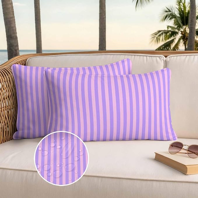 Lumbar Pillow Covers 20x12 Inch Set of 2, Purple Pink Waterproof Outdoor Cushion Covers, Geometric Vertical Striped Solid Rainbow Decorative Pillowcases for Couch, Sofa, Bed, Garden, Patio