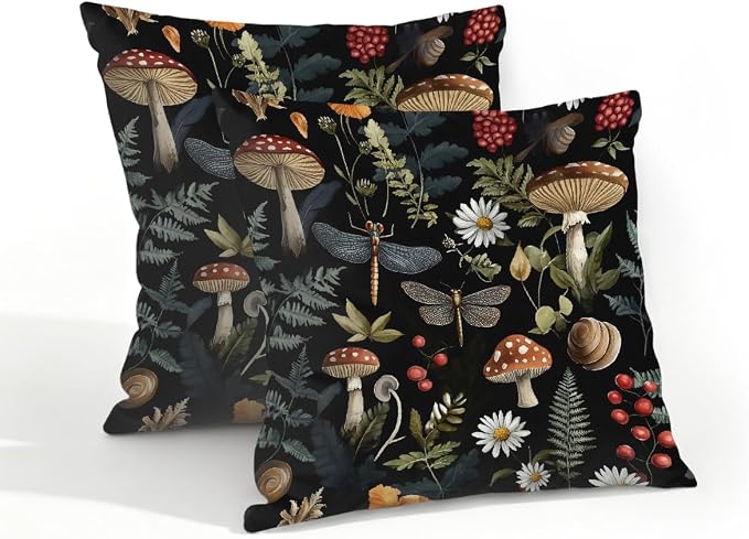 18x18 Inch Outdoor Pillow Covers Set of 2 Waterproof Throw Pillow Covers Decorative Couch Cushion Covers Mushrooms Dragonflies Leaf Square Pillowcases Protectors for Patio Garden Sofa