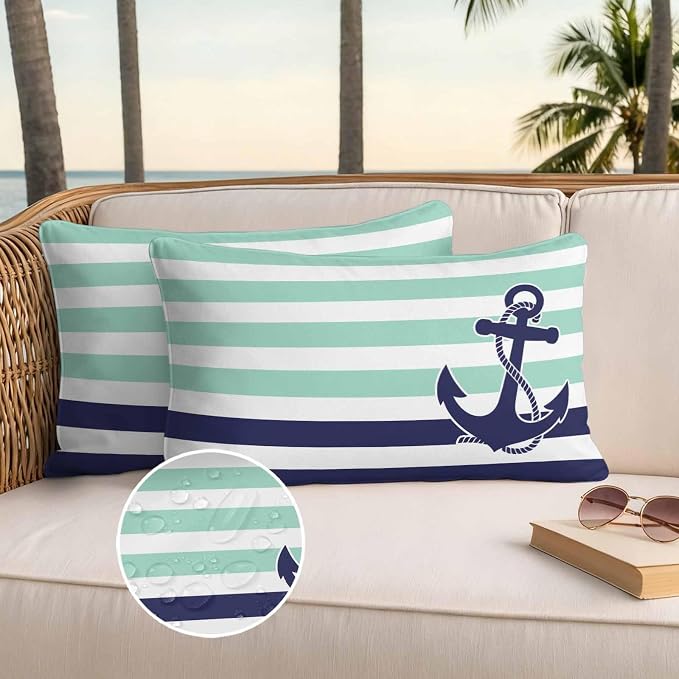 Lumbar Pillow Covers 20x12 Inch Set of 2, Anchor Aqua Waterproof Outdoor Cushion Covers, Modern Navy Blue White Striped Nautical Decorative Pillowcases for Couch, Sofa, Bed, Garden, Patio