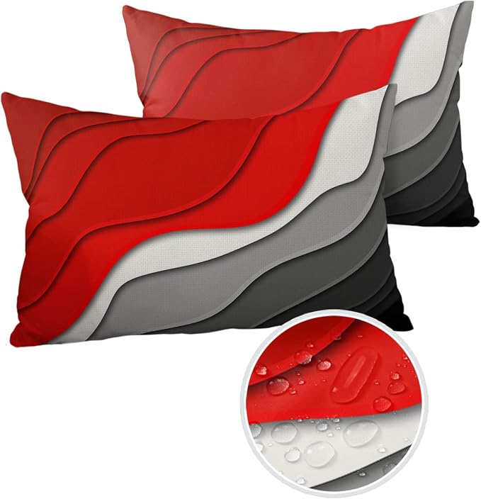 Outdoor Waterproof Pillow Covers for Patio Furniture Red Modern Geometric Decorative Throw Pillow Cover Abstract Beach Pillowcases Set of 2 Cushion Case for Sofa Couch Chair Home Decor 20 x 12 Inches