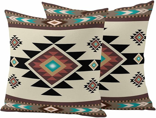 Southwest Geometric Waterproof Outdoor Pillow Covers 16''x16'' Set of 2, Brown Mexican Aztec Boho Tribal Patio Furniture Cushion Covers for Chairs, Decorative Pillow Cases for Garden/Pool/Beach