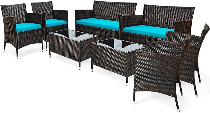 8 Pieces Patio Sofa Set, Wicker Conversation Set with Ergonomic Curved Backrest, Water-Resistant Cushion & Tempered Glass Table for Balcony, Porch (Turquoise)