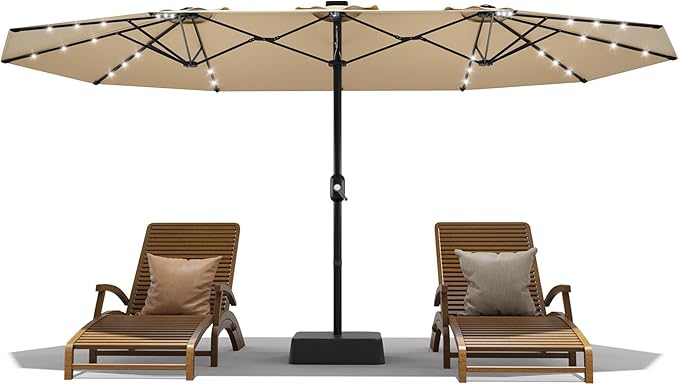 15FT Double-Sided Rectangular Outdoor Patio Umbrella with Included Base & Solar LED Lights–UV-Resistant & Waterproof Canopy,Heavy-Duty Steel Frame,Large Sun Shade for Garden,Deck,Poolside & Backyard