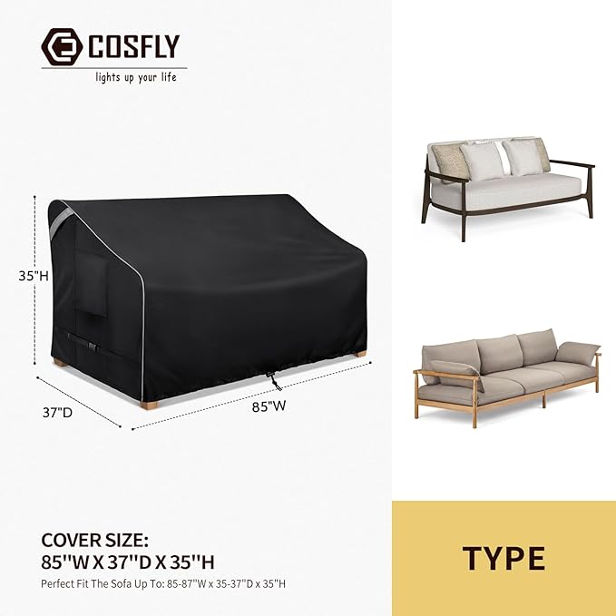 COSFLY Outdoor Patio Sofa Covers Waterproof, Heavy-Duty UV-Resistant Furniture Covers, Adjustable Fit with Buckle Straps, Fits 3-Seater Sofa up to 85"W x 37"D x 35"H ( Black)