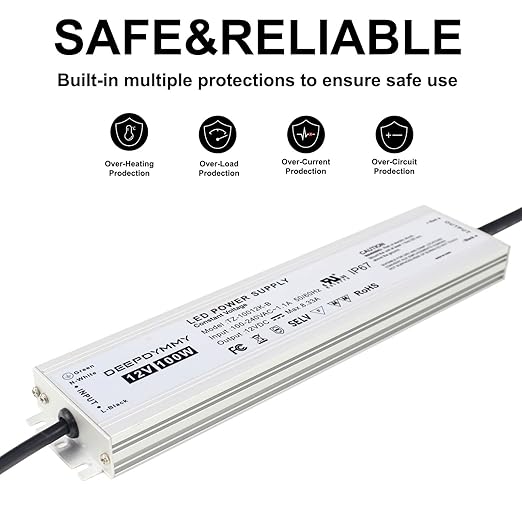 12V DC Power Supply 100W - Ultra Slim LED Driver Low Voltage Transformer with 3-Prong Plug & 3.3ft Cable, IP67 Waterproof for LED Strip Lights, Outdoor Lighting