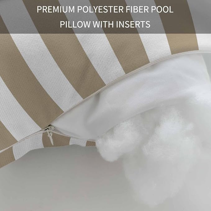 Beige Striped Outdoor Chaise Lounge Head Pillow with Insert,Modern Farmhouse Beige White Stripes Waterproof Headrest Lumbar Pillow Cusion Cover with Elastic Strap for Patio Beach Recliner,11"x16" 2PCS