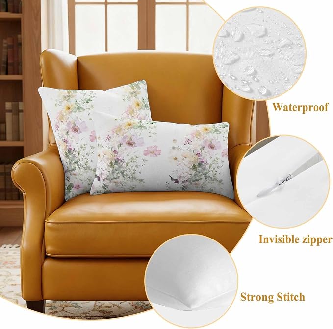 Watercolor Flowers Outdoor Waterproof Throw Pillow Covers Set of 2, 24"x24", Spring Retro Floral Purple Green Yellow Decorative Pillow Covers Outside Cushion Case for Patio Porch Garden
