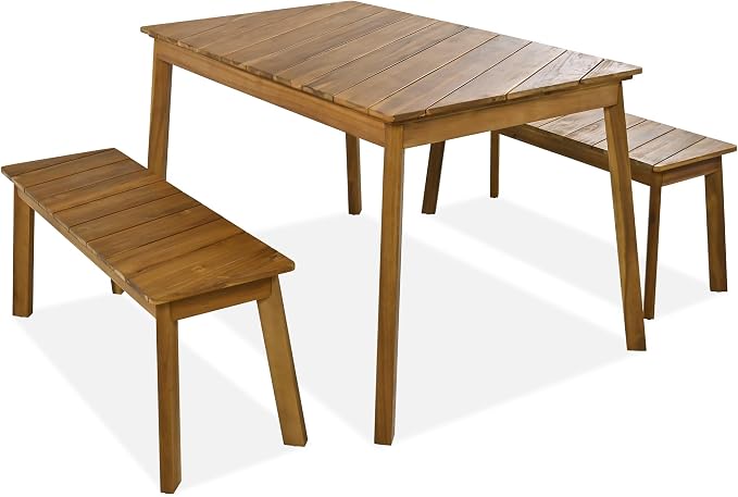 LUMISOL 3 Pieces Outdoor Dining Table Set, Acacia Wood Dining Table Set with 2 Benches for 4 Persons, Picnic Beer Table for Patio, Porch, Garden, Poolside, Natural