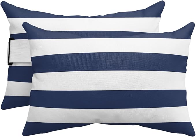 Navy and White Striped Outdoor Pillows with Insert Waterproof Classic Navy Blue White Patio Pillows with Adjustable Strap Rectangle Head Recliner Lounger Chair Throw for Patio Furnitures, 2 Pack