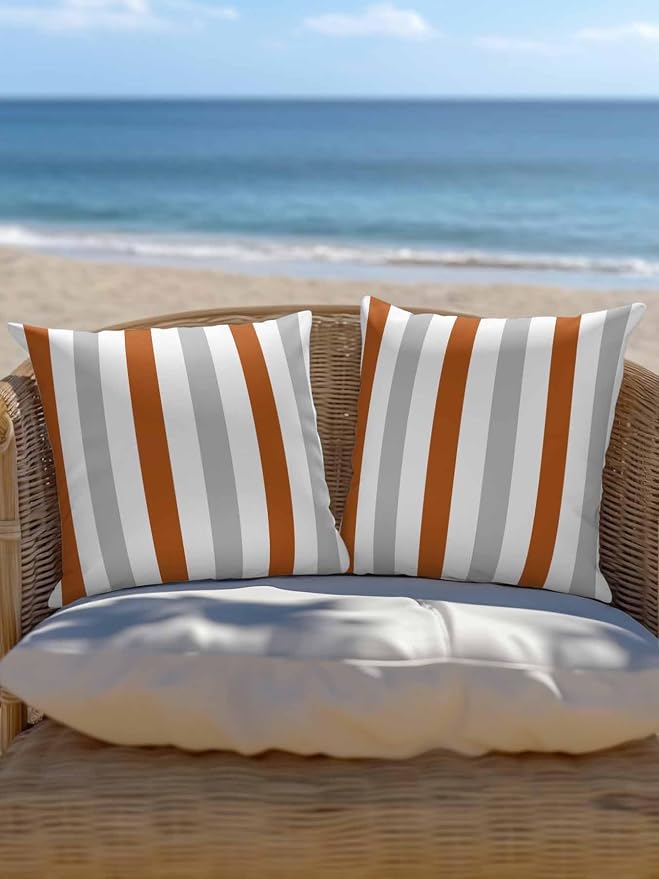Outdoor Pillows Waterproof, Burnt Orange Gray Striped Bedding Throw Pillows with Insert for Couch Sofa Bed, Farmhouse Stripe Art 16x16 Inch Pillowcases Camping Patio Pillow Set of 2