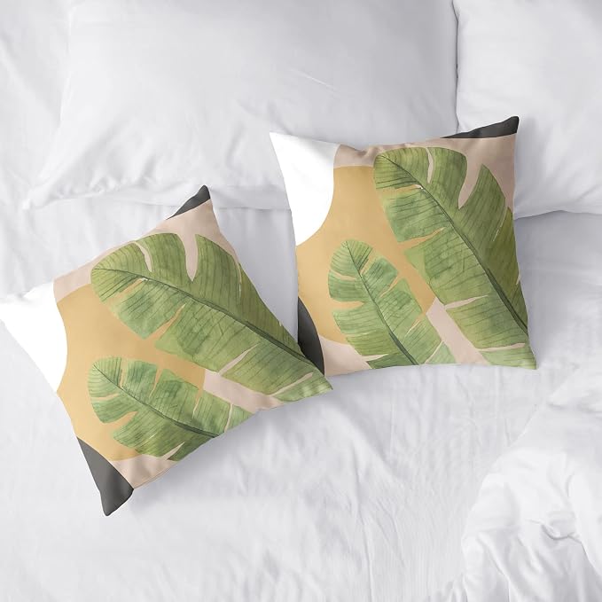 2 Pack Summer Tropical Green Leaves Cushion Covers Banana Palm Tree Pillowcases 22x22 Brown and White Throw Pillow Cover Home Room Decor for Couch Bed