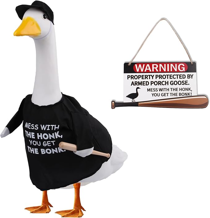 CAMDUCK Porch Goose Outfit with Baseball Bat and Porch Goose Sign Mess with The Honk You Get The Bonk Porch Goose Accessories for Plastic Cement Goose Statue Garden Yard Patio Lawn Outdoor Decor