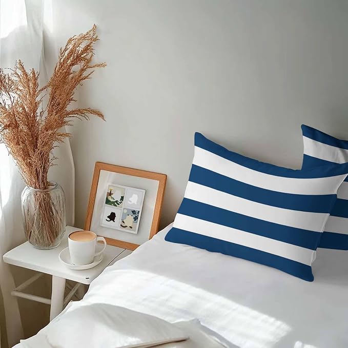 Outdoor Waterproof Throw Pillow Covers Set of 2 Navy Blue White Stripe Lumbar Pillowcases 20x12 Inches Simple Style Striped Decorative Pillows Cushion Case Patio Pillows for Couch Bed Chair Garden