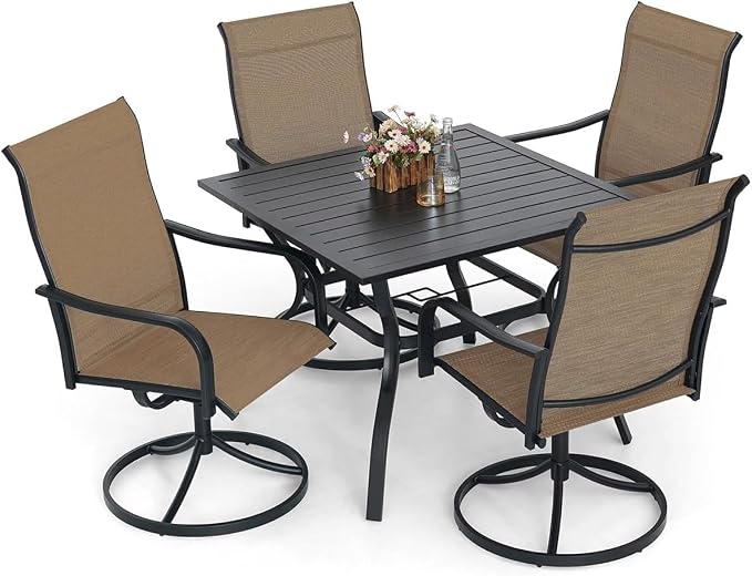 5 Piece Patio Brown High Back Swivel Chairs and 35" Square Table Dining Set | High Back, Curved Armrest, Textilene Fabric, All Weather, Rocking, Swivel Chairs, 35'' Square Table, Metal Top and Frame