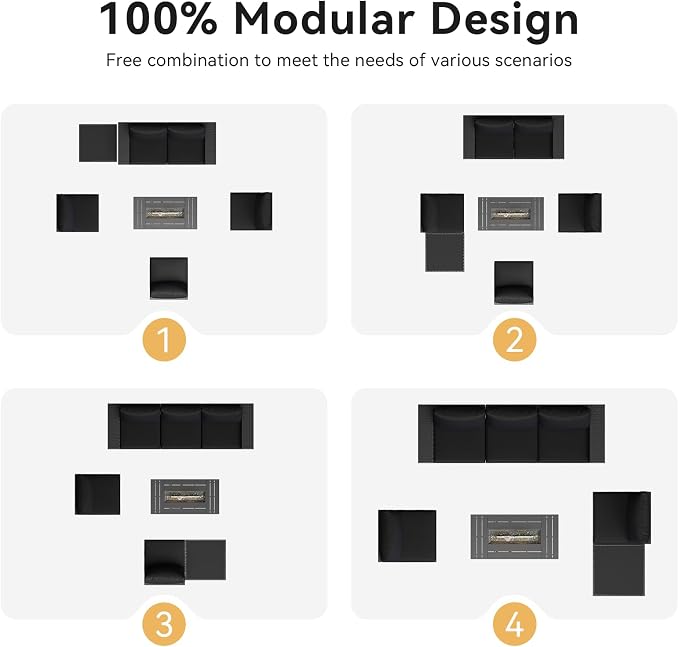 Aoxun Patio Furniture Set with 44'' Fire Pit Table, 7 Pcs Outdoor Patio Furniture Sets with 4in Thicken Cushion, Widen Armrests Wicker Outdoor Sectional for Backyard