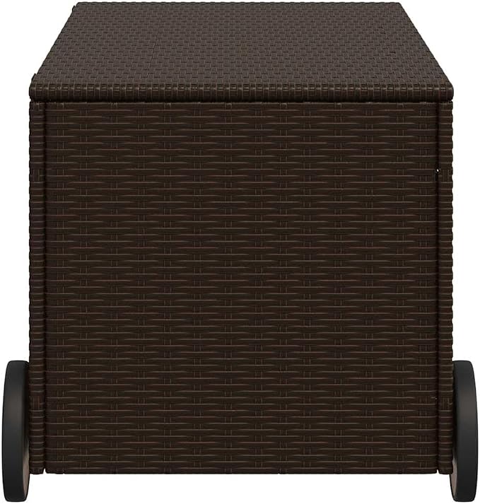 Brown PE Rattan Garden Storage Box with Wheels, 50 Gallon Modern Outdoor Cushion Organizer for Patio Balcony
