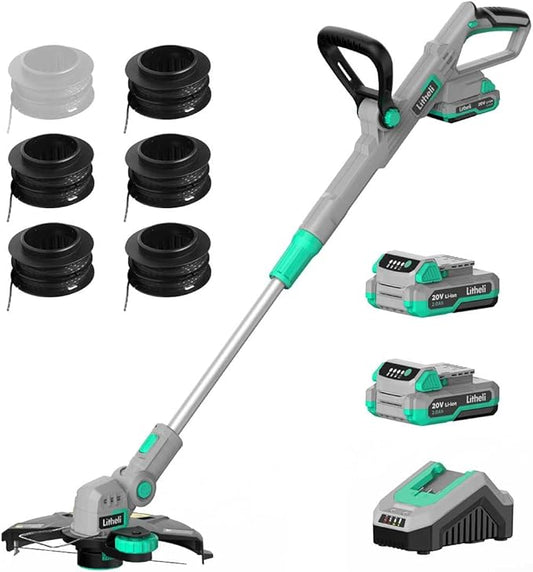 Litheli 20V 12 Inch Cordless String Trimmer/Edger, 2 X 2.0Ah Battery Powered Weed Eater with Auto-Feed for Lawn Trimming/Edging, with 6 Pcs Grass Cutter Spool Line, Fast Charger Included.
