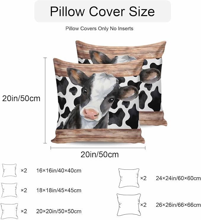Cow Printed Outdoor Pillow Covers 18x18 Inch Throw Pillow Covers Set of 2 Waterproof Decorative Pillow Cases Farmhouse Watercolor Country Wooden Grain Cushion Covers for Patio Furniture Garden Couch