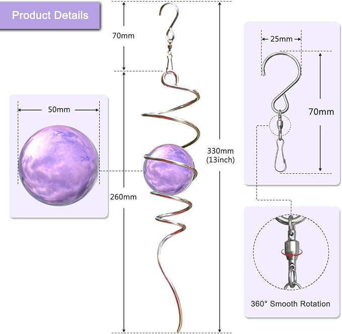 Gazing Ball Spiral Tail with Purple Glass Orb, Wind Spinners Stabilizer, Stainless Steel Wind Spinner Tail, Outdoor Décor, Hanging Garden Sculptures Decoration Ornament 13inch Height